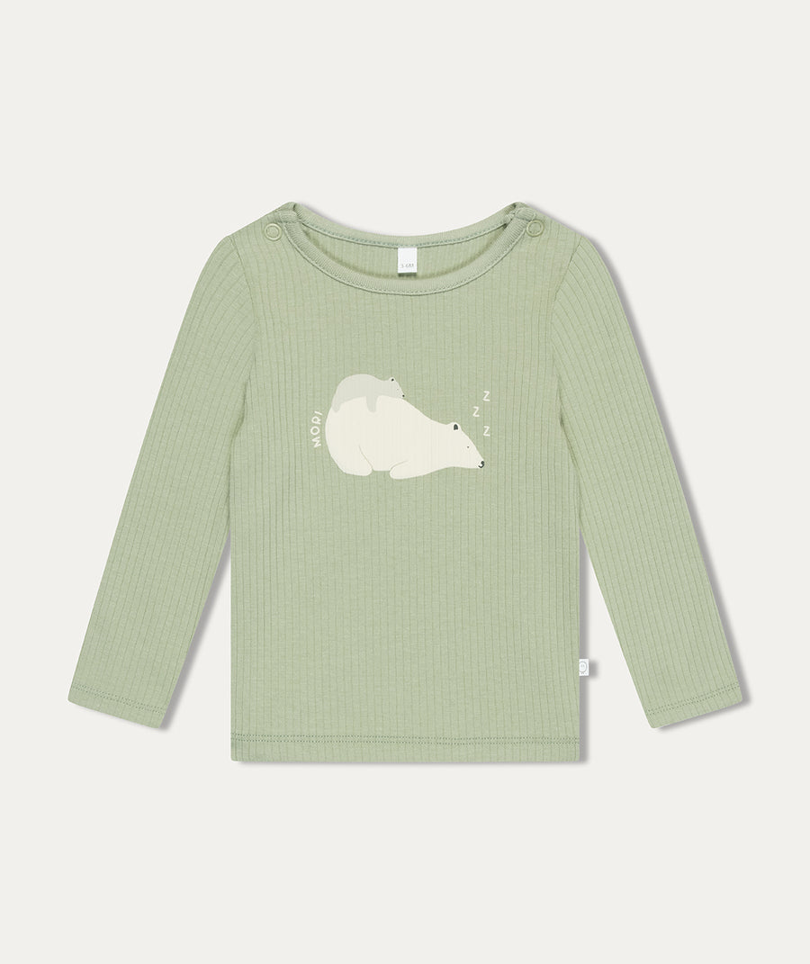 Ribbed Polar Bear Placement Print Long Sleeve T shirt - Sage & Polar Bear