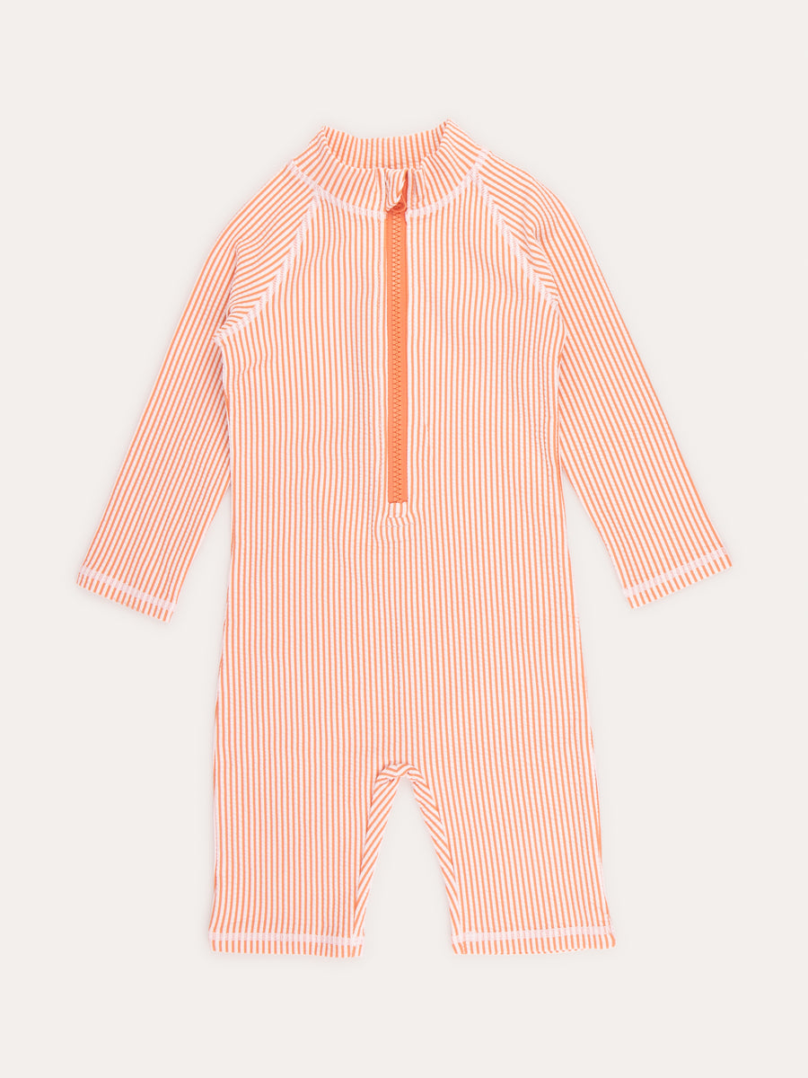 3/4 Sleeve Seersucker Sunsuit -  Coral Seersucker