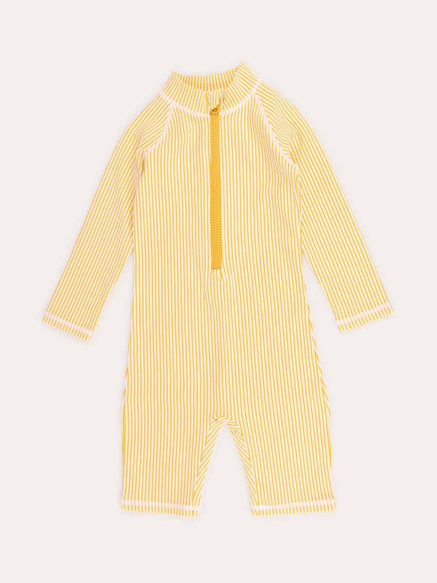 3/4 Sleeve Seersucker Sunsuit -  Yellow Seersucker